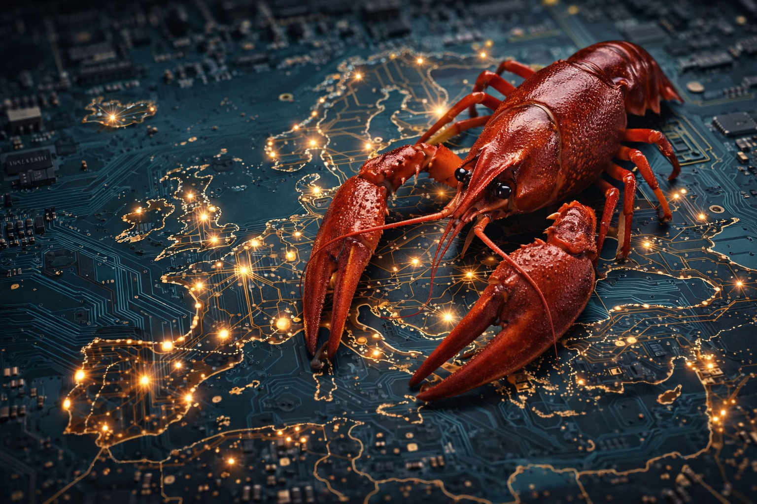 European crawfish, boiled, on a map of Europe drawn onto a PCB
