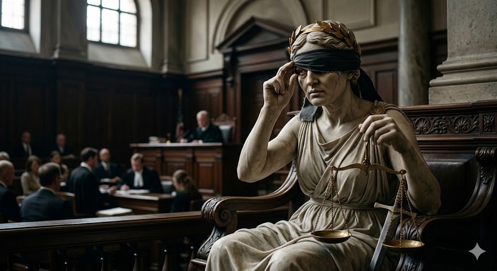 Lady Justice peeking from under her blindfold